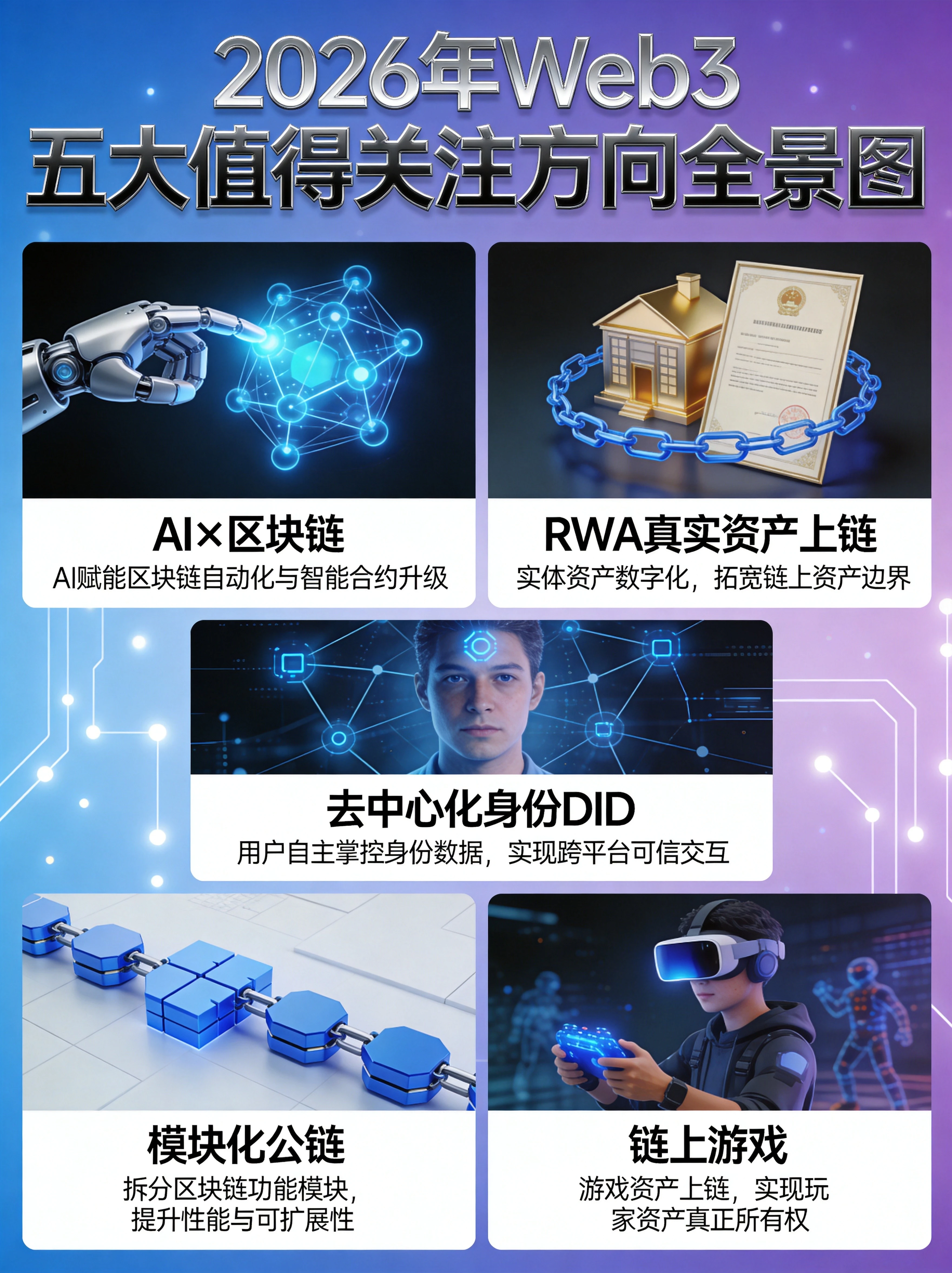 2026年Web3五大核心方向全景图，AI×区块链、RWA资产上链、去中心化身份DID、模块化公链、链上游戏五大赛道可视化