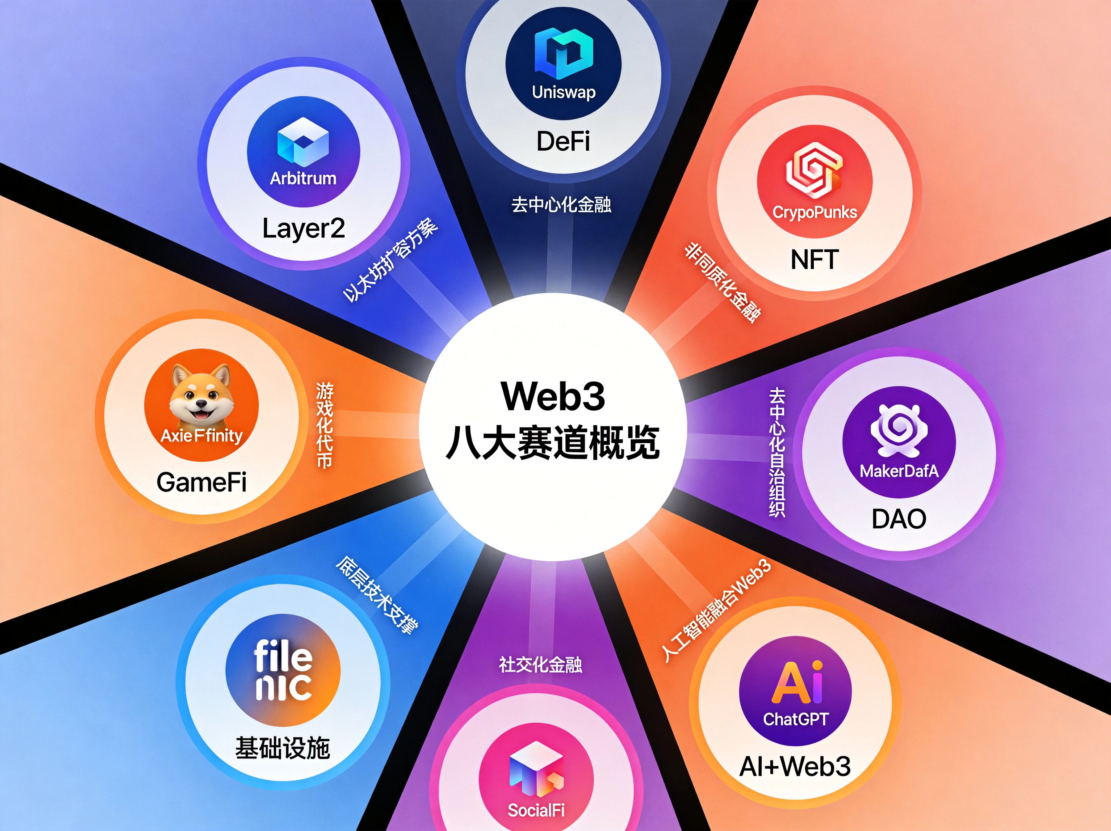 Web3八大赛道概览图，圆形辐射状布局展示Layer2、DeFi、NFT、GameFi、DAO、基础设施、SocialFi、AI+Web3，每个赛道配有代表性项目图标和标签