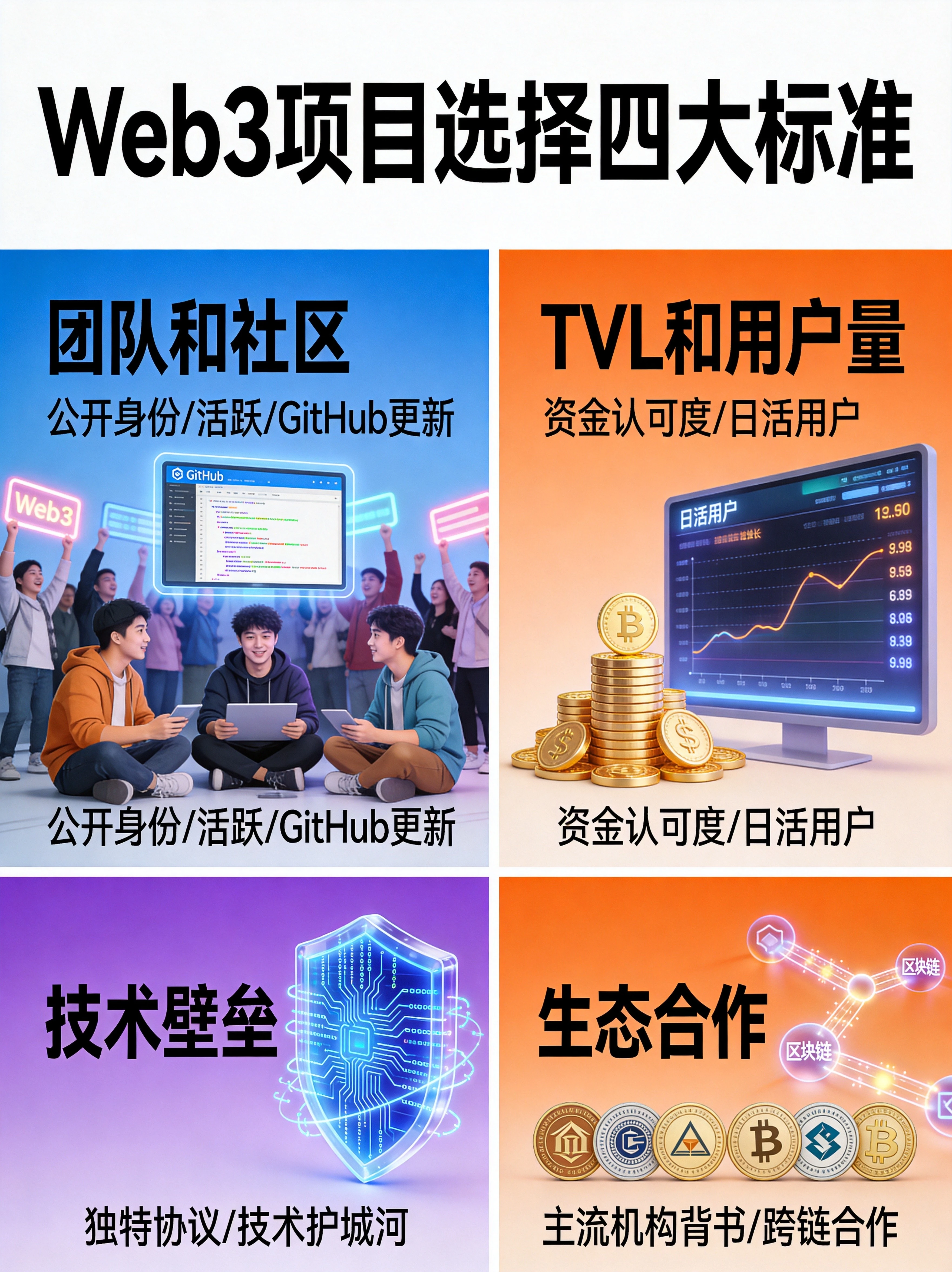Web3项目选择四大标准图，四象限展示团队和社区(公开身份/活跃/GitHub更新)、TVL和用户量(资金认可度/日活用户)、技术壁垒(独特协议/技术护城河)、生态合作(主流机构背书/跨链合作)