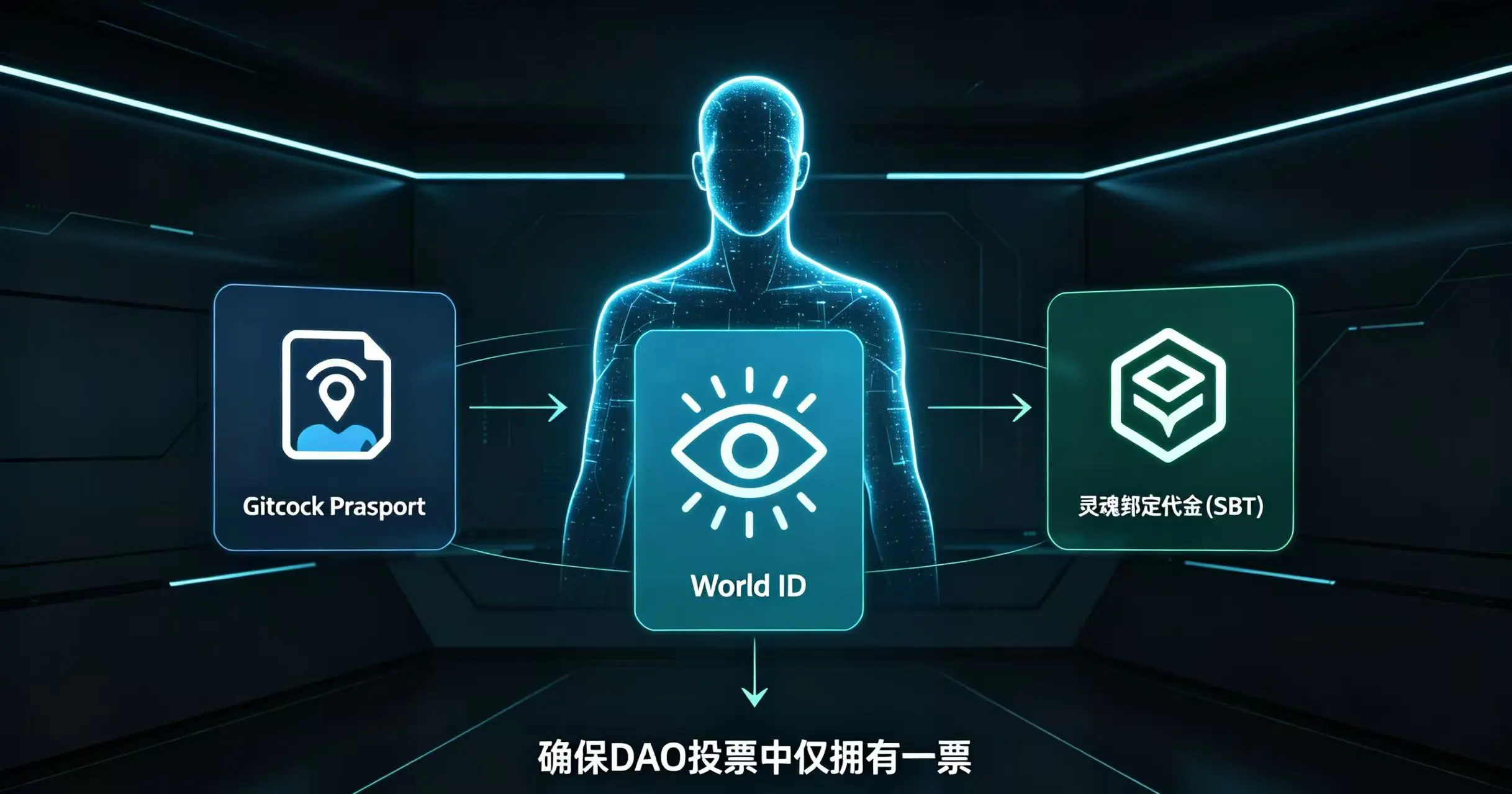  一个用户的数字身份通过 Gitcoin Passport、World ID 虹膜扫描和灵魂绑定代币（SBT）等多种凭证进行唯一标识，确保其在 DAO 投票中只能拥有一票。