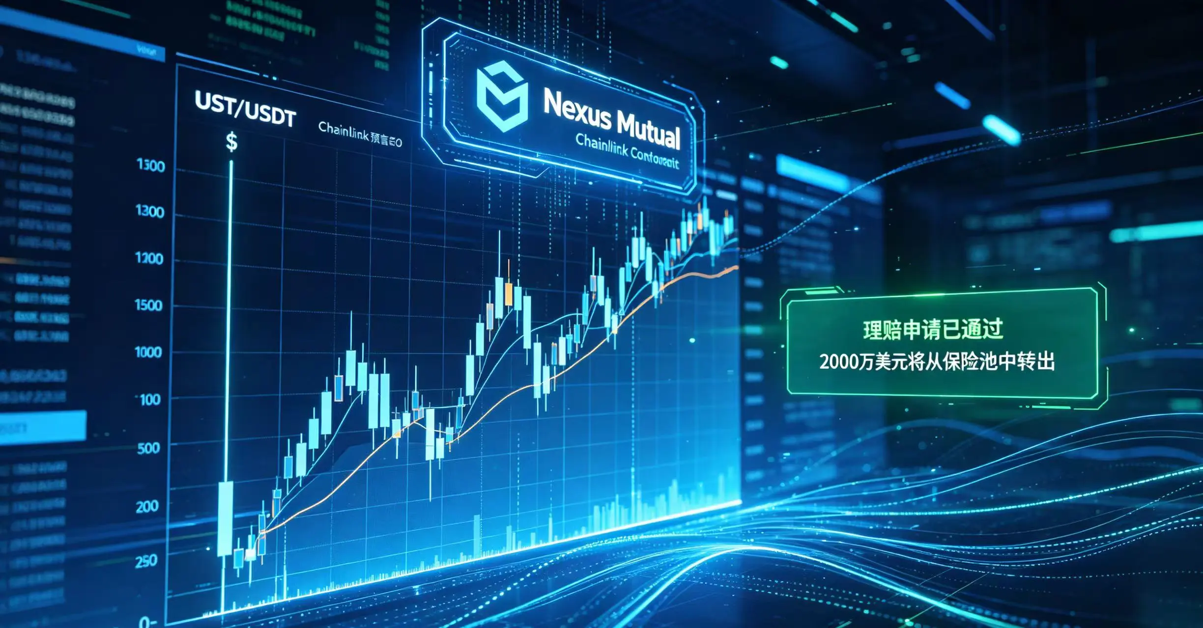 UST 价格 K 线图暴跌，Nexus Mutual 智能合约读取预言机数据并批准理赔的示意图。