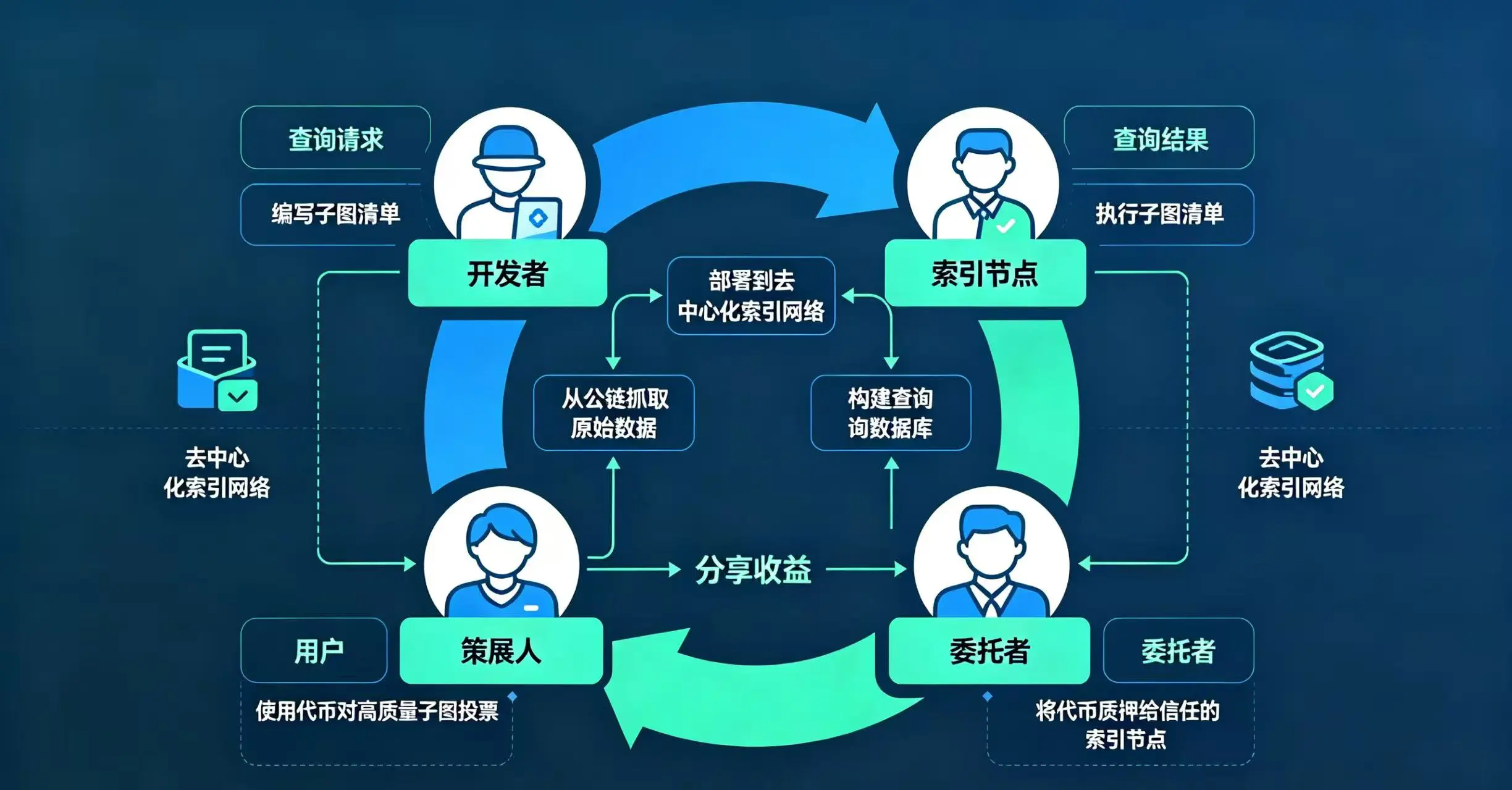 去中心化索引网络角色与经济循环示意图