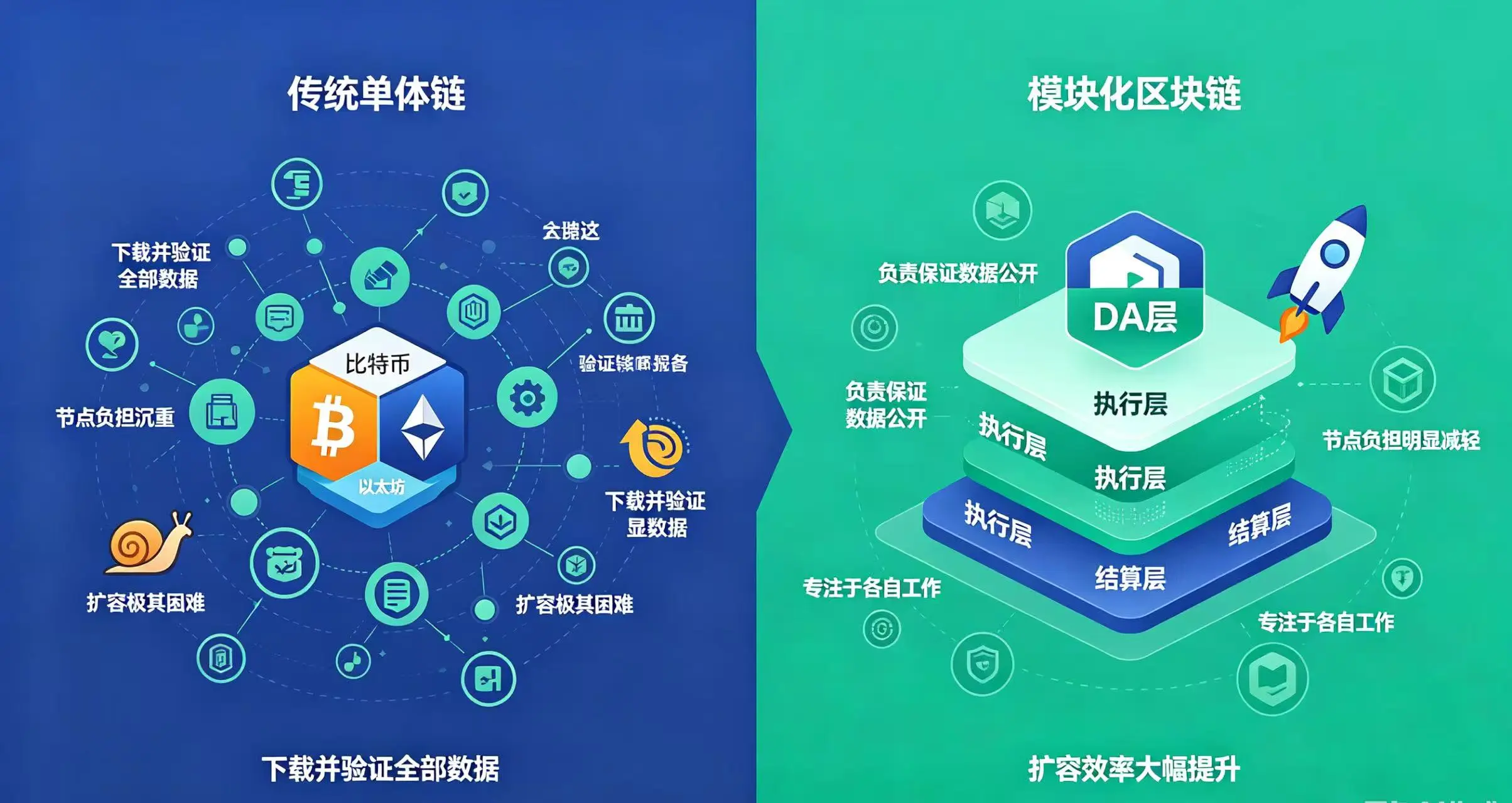 传统单体链与模块化区块链对比图 传统单体链与模块化区块链对比图