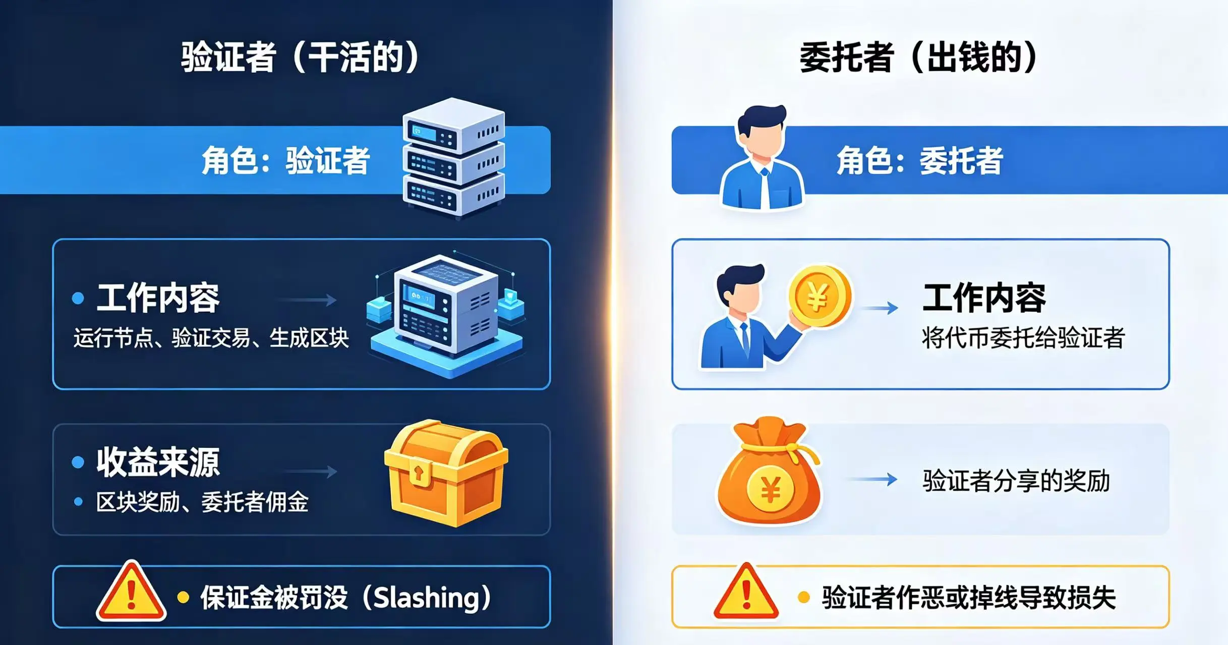 “验证者” 和 “委托者” 这两个角色在 “工作内容”、“收益来源” 和 “风险” 三个关键维度上的不同